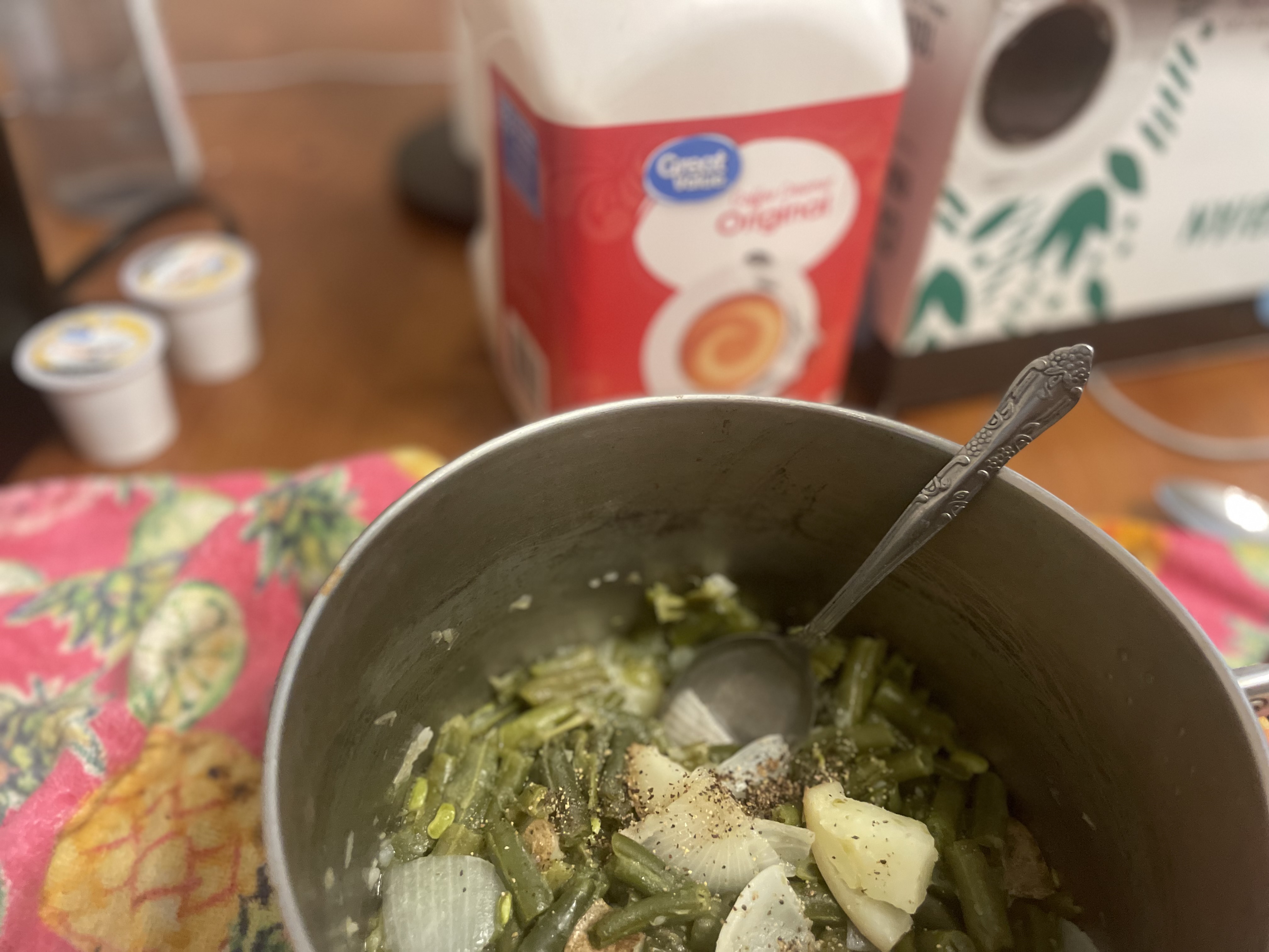 My Cookin' (Portrait Mode Photo of green beans, potatoes and onions)