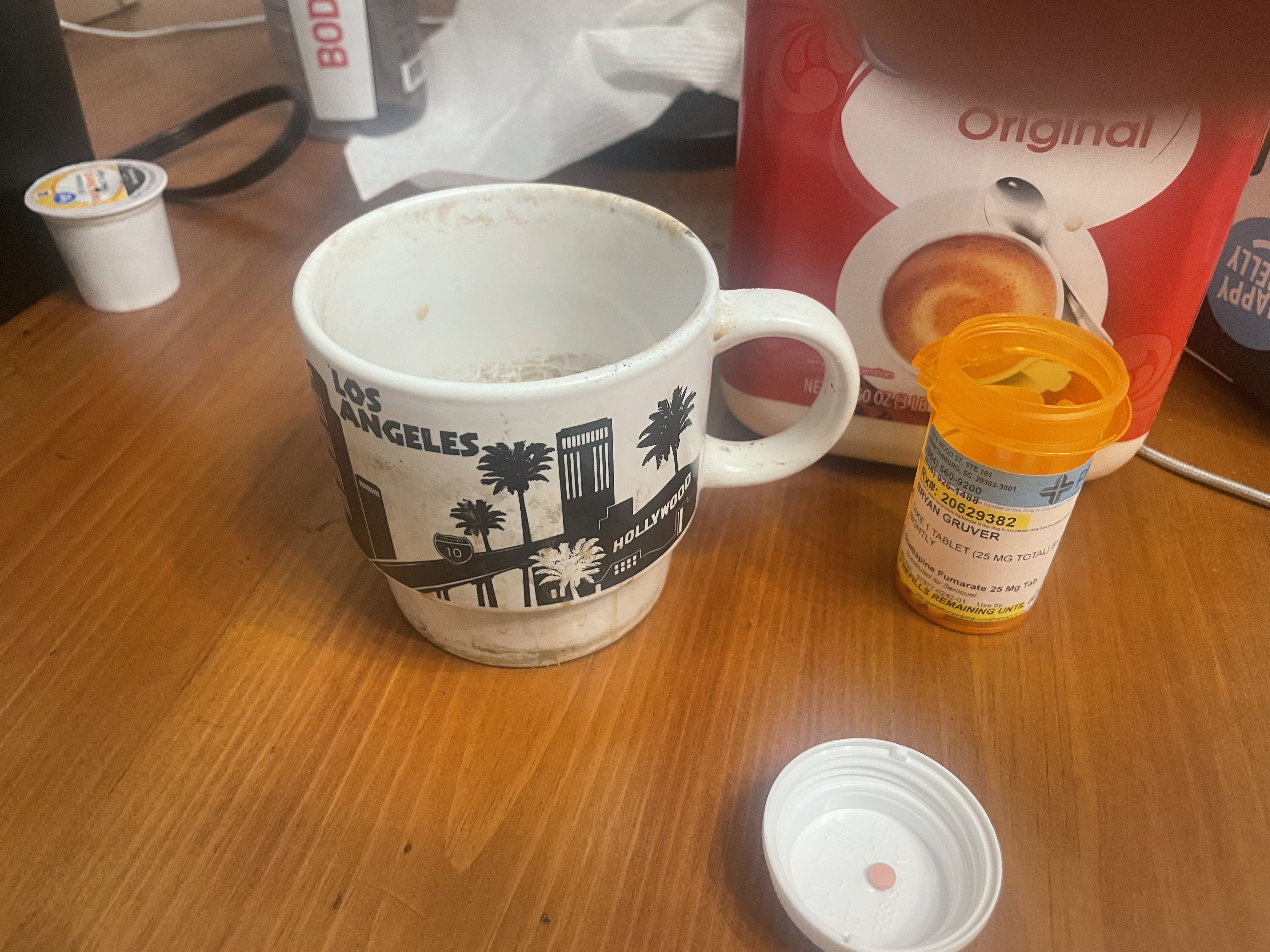 25mg Pill and Bottle, Coffee Mug and Splenda container